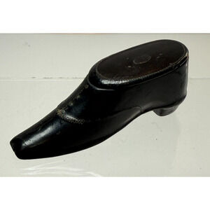 Victorian Era Black Lacquer Paper Mache Men's Shoe Match Safe Holder Snuff Box